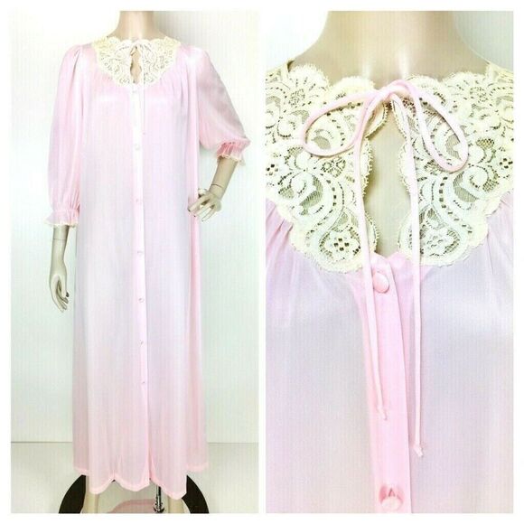 Vintage Miss Elaine Pink Nylon Lace Trim Button-Down Peignoir Robe Size Medium - Picture 2 of 12